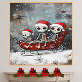 Whimsical Skeleton Family Sleigh Ride Christmas Print – Spooky Cute Holiday Decor with Santa Hats, Red Sleigh & Snowflakes, Gothic Winter Wall Art on Ready to Hang 1.5" Thick Canvas Wrap, Floating Framed Canvas, Flat Rolled Canvas